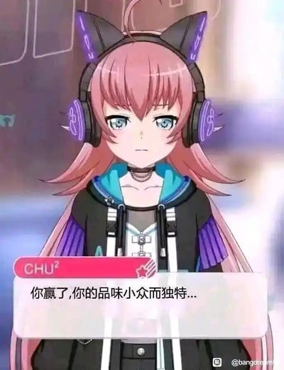 这是一张来自二次元音乐游戏《BanG Dream!》的角色互动截图，图中角色CHU²有着粉色长发，佩戴着带有紫色光效的猫耳造型科技耳机，身着黑蓝配色的潮流服饰，表情冷漠地注视着镜头。下方的对白框显示她的台词：“你赢了,你的品味小众而独特...”，这句台词带有一种略带无奈又暗含认可的吐槽感，常被玩家用来调侃或回应他人的独特喜好，也可用于自嘲自己的小众品味。