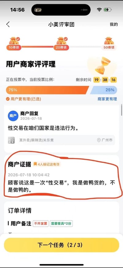 这是一张外卖平台“小美评审团”功能的手机界面截图，展示了一起用户与商家的纠纷评审场景。页面顶部显示评审任务的俸银奖励进度，当前纠纷处于投票阶段，75%的投票者认为用户更有理，25%认为商家更有理，剩余投票时间还有19小时38分16秒。商家首先发布回复称性交易属于国家违法行为，下方被红圈特意标注的商户证据内容为商家的吐槽：顾客称本次是“性交易”，自己是售卖鸭货类卤味食品的商家，并非从事性服务的“做鸭”从业者，因“做鸭”的语义双关产生了搞笑的误会。页面还显示该商家是广州的外卖商户，经营品类包含麻辣烫、关东煮、鸭货，订单备注为不开发票、需要2份餐具，底部有“下一个任务（2/3）”的操作按钮。