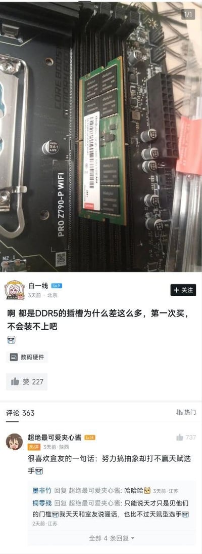 这是一张竖屏的社交媒体截图，分为上下两部分：上半部分是电脑主板的实拍图，主板型号为PRO Z790-P WIFI，一根笔记本DDR5内存条放在台式机主板的内存插槽旁；下半部分是论坛帖子界面，发帖用户为“白一线”（Lv9，所在地北京），3天前发布该帖，配文表示自己是第一次购买DDR5内存条，疑惑同样标注为DDR5的插槽和自己的内存条外观差异大，担心无法安装。实际上发帖人混淆了台式机DDR5内存和笔记本DDR5内存，两者的外观、针脚定义和规格都不同，确实无法安装，需要购买对应台式机的DDR5内存条。评论区中，用户“超绝最可爱夹心酱”的热门评论玩梗称“很喜欢盒友的一句话：努力搞抽象却打不赢天赋选手”，获得737个赞，另有其他用户在该评论下进行互动回复。