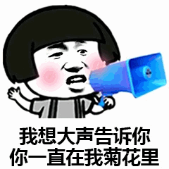 图片中是一个卡通风格的短发人物，脸颊泛红，右手拿着蓝色喇叭正在大声喊话，左手自然挥动。人物下方配有文字“我想大声告诉你 你一直在我菊花里”。
该图片使用了谐音梗，“菊花”在网络用语中常被用来暗指肛门，属于低俗幽默范畴。