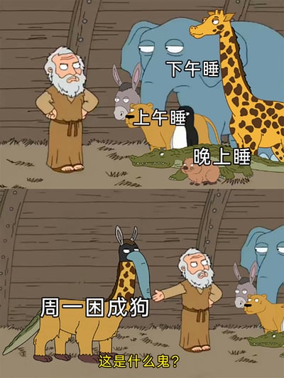 这是一张改编自动画《恶搞之家》的上下对比梗图，上半部分呈现诺亚方舟场景，诺亚叉腰站在一旁，表情无奈地看着身边的动物：狮子标注“上午睡”、长颈鹿标注“下午睡”、鳄鱼标注“晚上睡”，分别对应全天不同时段都在睡觉的状态；下半部分画面里，这些动物的身体部位被合成成一个怪异的四不像生物，诺亚伸手，一脸惊讶地质问“这是什么鬼？”，同时配文“周一困成狗”，用这种夸张荒诞的合成画面，生动吐槽了周一上班的打工人被困意完全支配，全天都想睡觉，最后困到状态失常的疲惫日常，精准戳中职场人的情绪共鸣点。