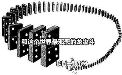 黑白手绘风格的多米诺骨牌圆形排列图，左侧较大的骨牌正在倾倒，上方配有文字'和这个世界最邪恶的龙决斗'；右侧骨牌较小，下方文字为'砍倒一颗小树'，旁边有一个正在砍树的小人简笔画。通过多米诺骨牌的视觉隐喻，表现出人们有时将小事夸大化，以为在进行伟大斗争，实则只是在做微不足道的事情的反差感。