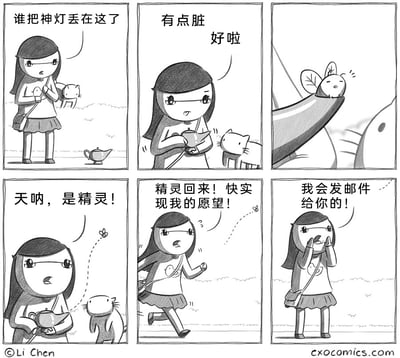 这是一组六格的黑白连环卡通漫画，讲述了一个充满现代趣味的小故事：第一格中，戴眼镜的女孩和小猫在户外发现了一盏被丢弃在地上的神灯，女孩疑惑地说出“谁把神灯丢在这了”；第二格中，女孩拿起神灯，擦拭后说着“有点脏 好啦”；第三格中，一只小巧的带翅膀的神灯精灵从神灯里飞了出来，停在一处边缘上；第四格中，女孩看到精灵后十分惊喜，大喊“天呐，是精灵！”，小猫也露出惊讶的表情；第五格中，精灵快速飞走，女孩着急地追赶上去，大喊“精灵回来！快实现我的愿望！”；第六格中，精灵已经飞远，女孩无奈地站在原地，双手放在嘴边大喊“我会发邮件给你的！”，用现代的联系方式来试图和精灵沟通，制造出经典神灯传说与现代生活的反差幽默。