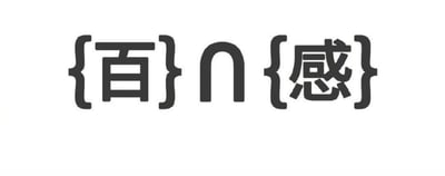 这是一张纯文字创意梗图，画面中用带大括号的“百”、数学交集符号“∩”、带大括号的“感”依次排列，通过符号的语义和文字结合玩谐音梗：交集符号“∩”代表“交集”，与“百”“感”组合后对应成语“百感交集”，用视觉化的方式将成语拆解重构，形式简洁又充满趣味，适合用来表达内心情绪繁杂的状态。