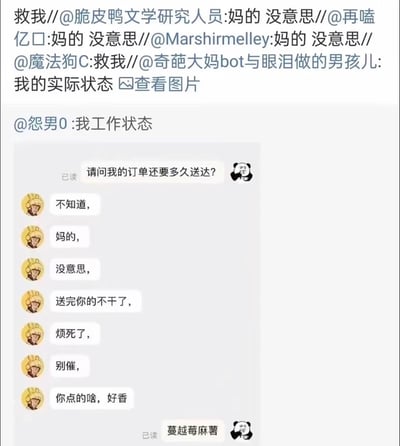 这是一张社交媒体聊天记录截图，展示了打工人的崩溃日常。截图上方有多条用户留言，内容多为"妈的 没意思"和"救我"，表达了普遍的无聊和绝望情绪。中间有@怨男0 的评论"我工作状态"，下方则是一段客服与顾客的对话截图。顾客询问订单送达时间，客服却以暴躁不耐烦的态度回复"不知道，妈的，没意思，送完你的不干了，烦死了，别催"，最后还问"你点的啥，好香"，展现了打工人在职场中的真实崩溃状态和消极工作态度。
