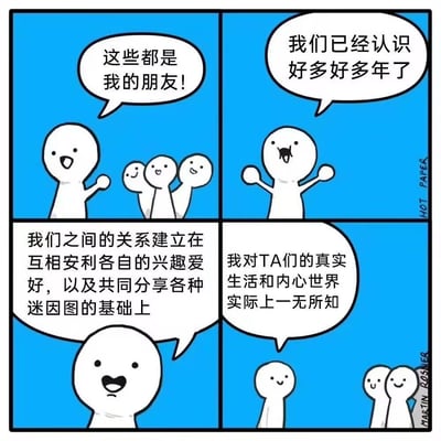 这是一幅四格卡通漫画，用反转的方式描绘了当代一种典型的社交状态：
1. 第一格：主角兴奋地向他人介绍自己的朋友们；
2. 第二格：主角强调和朋友们相识多年；
3. 第三格：主角说明和朋友的关系建立在互相安利兴趣、分享迷因图的基础上；
4. 第四格：主角坦然坦言，自己对这些朋友的真实生活和内心世界实际上一无所知。
漫画精准戳中了很多人拥有‘网友式好友’的现状，表面关系熟络，实际对彼此的深层生活毫无了解，充满真实又扎心的幽默感。