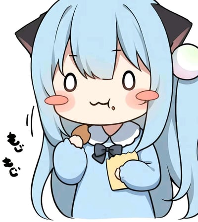 Q版卡通风格的蓝发猫耳少女形象，有着黑色猫耳和长至腰部的浅蓝色头发，发尾带有白色毛球装饰。她穿着带白色蕾丝领和黑色蝴蝶结的浅蓝色连衣裙，正用右手拿着一块棕色零食送入口中，左手捧着黄色纸袋，嘴角沾着一点食物碎屑，脸颊泛起粉嫩红晕，眼神圆睁显得天真又满足。左侧配有日式拟声词“もふもふ”（意为“毛茸茸”），整体画面充满治愈感和可爱气息。