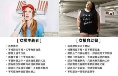 这张图片通过左、右两栏对比，展示了“女权主义者”和“女权自助餐”两种网络词语下对女性主义的不同理念和人设。左边列出“女权主义者”的价值观和行为特征，右边则讽刺、调侃了部分人只选择对自己有利的权益（即“自助餐式女权”）的特质。 图片文本以列表形式呈现，整体为带有争议的网络二分法，存在一定的讽刺和标签化意味。没有明显双关或谐音梗，但“女权自助餐”本身为贬义网络热词。