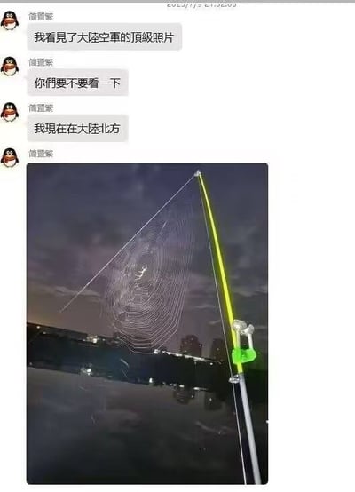 这是一张社交媒体聊天记录截图，用户“简宜家”先是神秘地说“我看见了大陆空军的顶级照片”并询问“你们要不要看一下”，随后表示“我现在在大陆北方”，紧接着发送了一张夜晚户外的照片。照片中实际是一张被灯光照亮的巨大蜘蛛网，旁边有一根带有绿色部件的黄色杆子（疑似钓鱼竿），背景可见城市夜景灯光。图片利用“顶级照片”的表述制造悬念，实际展示蜘蛛网形成幽默反差，属于谐音梗类搞笑内容。