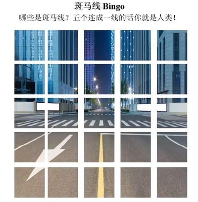 这是一款结合Bingo玩法的趣味测试图，整体为5×5的25格布局，顶部配有标题和规则文字：“斑马线Bingo 哪些是斑马线？五个连成一线的话你就是人类！”。图中前两行是不同时段的城市高楼建筑图，第三行是包含斑马线在内的道路标线图，第四、五行是箭头指示线、单黄线等非斑马线的道路标线。游戏要求识别出所有斑马线，当选中的斑马线在横、竖、斜向连成一线时，就算完成挑战，是一个考验交通标线识别能力的轻松益智小游戏。图中的斑马线为第三行的五个道路标线，这一行的标线均为典型的人行横道（斑马线），刚好横向连成一线，满足游戏的获胜条件。