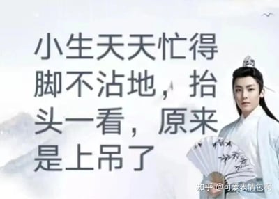 图片中是演员侯明昊的古装剧照，他身着白色长袍，头戴发冠，手持折扇，背景为淡雅的山水云雾。图中左侧有醒目的半文半白文字：'小生天天忙得脚不沾地，抬头一看，原来是上吊了'，通过反差萌的台词制造搞笑效果，是2024年底爆火的'古风小生'梗衍生表情包，调侃了'伪古风'文化和忙碌到夸张的状态。