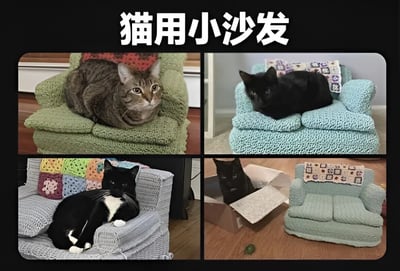 这张图片由四张照片拼接而成，展示了猫咪在不同款式的钩针编织小沙发上休息的场景，以及一只黑猫选择待在纸箱里而忽略旁边空沙发的有趣对比，幽默地体现了猫咪对纸箱的天然喜爱。顶部文字'猫用小沙发'点明主题，整体风格轻松可爱。