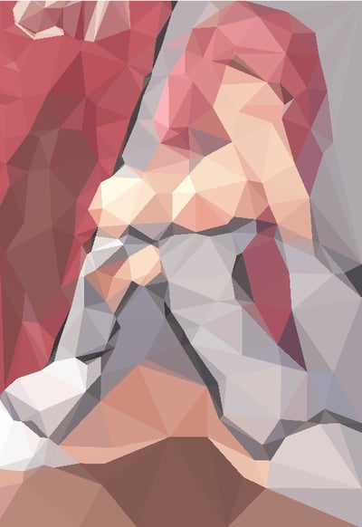 这是一幅采用低多边形（Low Poly）风格创作的静态插画，画面由大量不同色调的三角形色块拼接而成，构建出一个头部低垂、手臂搭在腿上的坐姿人物形象。背景由深浅不一的红色与灰色几何色块填充，整体视觉效果简约且富有设计感，通过几何化的表现手法弱化了人物的细节，突出了色块组合带来的独特艺术氛围，图中不存在双关、谐音梗或暗示类内容。