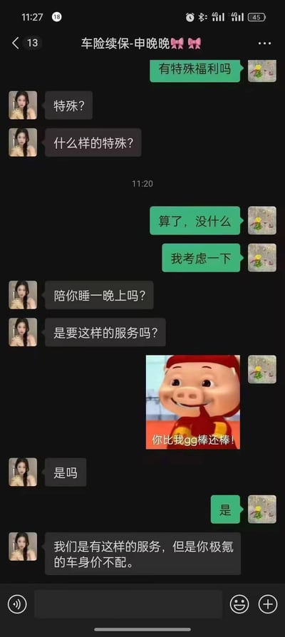 这是一段用户与名为“车险续保-申晚晚”的销售的微信聊天记录：
1. 用户询问是否有特殊福利，在销售追问后表示算了要考虑一下；
2. 销售突然开低俗玩笑，询问用户是不是要“陪睡”的特殊服务；
3. 用户发送猪猪侠的表情包“你比我gg棒还棒”回应，销售顺势接话；
4. 最后销售称有这类服务，但用户的极氪车型车身价不配，用低俗内容调侃客户，整段对话反差感拉满，离谱又搞笑。

其中“gg棒”是猪猪侠的经典道具，这里用来配合低俗玩笑玩梗，增加对话的荒诞感。