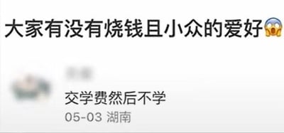 社交媒体截图展示了一条用户提问“大家有没有烧钱且小众的爱好😱”，下方有网友幽默回复“交学费然后不学”，并标注时间“05-03 湖南”。通过夸张对比调侃了人们常支付学费却不坚持学习的普遍现象，以自嘲方式呈现“烧钱又小众”的爱好，充满生活气息与幽默感。