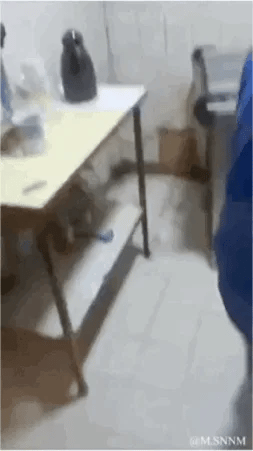 这是一段动态拍摄的室内场景，画面中的桌子下方区域因视觉错位效果，看起来仿佛有一只动物躲在桌下，但实际上是画面右侧穿蓝色衣物的人的腿部与鞋子形成的视觉错觉，容易让人产生误判，充满生活趣味。