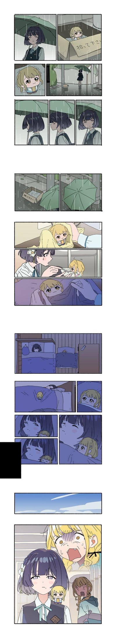 这是一则治愈系原创条漫：
1. 雨天里，撑着绿伞的短发女孩在街边发现一个纸箱，里面坐着一个迷你金发少女，纸箱上写着日文「拾って下さい」（请收留我）。
2. 短发女孩犹豫片刻后，先把伞留在纸箱旁，离开后又折返，将迷你少女带回了家。
3. 到家后，短发女孩细心地给迷你少女擦身、喂饭，晚上两人分床而眠，迷你少女却偷偷钻进了短发女孩的被窝，依偎着她入睡。
4. 第二天，短发女孩带着迷你少女出门，遇到了一位和迷你少女长得一模一样的金发大女孩，对方看到这一幕后露出了震惊又崩溃的表情。

漫画没有双关或谐音梗，走暖心治愈路线，最后结局带点小反转。