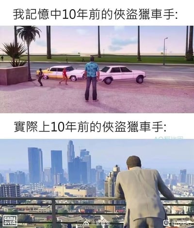 这张图采用上下对比的形式制造趣味反差，上方配文“我记忆中10年前的侠盗猎车手”，展示的是《侠盗猎车手：罪恶都市》的经典场景：穿着花衬衫的主角汤米站在热带风格的城市路边，前方有两辆老式轿车和行人，充满复古的老派GTA风格；下方配文“实际上10年前的侠盗猎车手”，展示的是2013年推出的《侠盗猎车手5》的画面：主角麦克身着西装靠在栏杆上，俯瞰着高楼林立的现代化洛圣都天际线。这组图利用玩家的记忆偏差制造笑点，调侃大家容易把更早的GTA作品误当成10年前的产物，忽略了10年前的GTA已经拥有了高度现代化的画面与世界观。