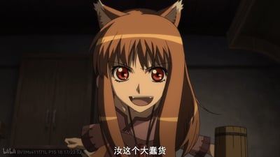 动漫《狼与香辛料》中的女主角赫萝特写镜头。赫萝有着棕色长发、标志性的狐狸耳朵和鲜红的眼睛，此刻正带着略带戏谑的微笑开口说话。背景是昏暗的木质房间，可见橱柜和木桶。画面底部有中文字幕“汝这个大蠢货”，展现了赫萝俏皮调侃的经典场景。