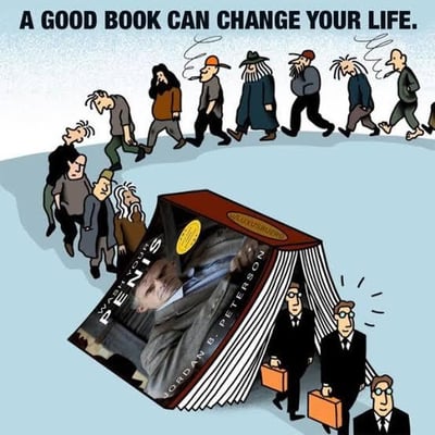 这是一张讽刺戏谑的P图改编梗图，顶部配有英文文字“A GOOD BOOK CAN CHANGE YOUR LIFE.（一本好书能改变你的人生）”。画面中，一群神态萎靡、穿着邋遢随意的路人正走向一本摊开的书籍，这本书的封面是心理学家乔丹·彼得森的形象，但书名被恶搞成了《WASH YOUR PENIS》（原书为乔丹·彼得森的《12 Rules for Life》）；而从书籍另一侧走出来的则是穿着笔挺西装、手提公文包、精神抖擞的精英上班族。图中用前后形象的强烈对比，配合被恶搞的低俗书名，制造出荒诞的搞笑效果，调侃所谓“书籍改变人生”的说法，同时拿乔丹·彼得森的书玩梗。