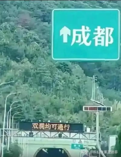 这是一张户外高速公路路段的实景拍摄图，画面上方是一块绿色的标准高速公路指示牌，以白色箭头搭配文字“成都”，清晰指示前往成都的行驶方向；画面中下部是隧道入口，入口上方的电子显示屏显示“双洞均可通行”的提示语，告知驾驶员该隧道的通行状态。背景是覆盖着茂密绿色植被的山坡，画面左侧可见多根公路路灯杆，隧道入口旁还设有交通信号灯，整体场景是典型的山区高速路段交通指引场景，无谐音梗、双关等特殊内容，仅为真实的交通指引信息呈现。