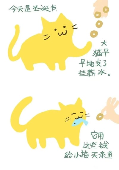 这是一幅竖版的手绘卡通图文短漫，分为上下两个部分。上半部分场景设定在圣诞节，一只黄色的卡通大猫面带开心的表情，伸手接过提前支取的薪水钱币，配文说明节日当天大猫提前拿到了薪水；下半部分则是这只大猫叼着一条小鱼，脸上露出满足惬意的神情，配文表示它用提前支取的薪水买了鱼。整体画面风格简约治愈，传递出一种在节日里获得小确幸的温暖氛围。