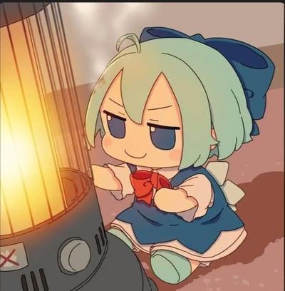 图中是《东方Project》里的角色琪露诺的fumo（官方毛绒玩偶）同人形象，它正蹲在一台煤油暖炉旁边，双手凑近暖炉，脸上露出满足又惬意的微笑，仿佛在享受暖炉带来的温暖，画面充满了冬日里寻求暖意的治愈感，没有双关或谐音梗。