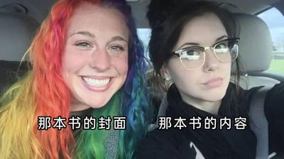 这是一张车内拍摄的左右对比静态图，图中共有两位真实人物。左侧人物留着色彩绚丽的彩虹色长发，脸上洋溢着灿烂的笑容，神态活泼热情，下方配有文字“那本书的封面”；右侧人物戴着半框眼镜，表情平淡严肃，神态沉稳，下方配有文字“那本书的内容”。这张图通过两位人物形象和神态的强烈反差，生动调侃了大量书籍存在的“封面设计花哨吸睛，试图用活泼的包装吸引读者，但实际内容却平实枯燥、风格与封面截然不同”的普遍现象，精准戳中读者在阅读这类书籍时的落差感，属于网络上常见的趣味吐槽类meme。
