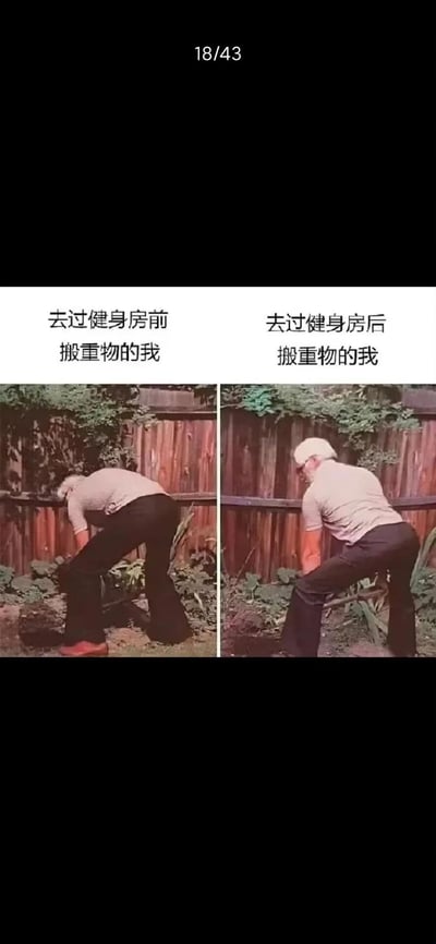 这张梗图通过左右分栏对比的形式，生动呈现了健身前后搬重物的状态差异：
- 左侧是「去过健身房前搬重物的我」：白发老人完全弯腰，姿势吃力地搬取重物，是日常搬重物的普通状态；
- 右侧是「去过健身房后搬重物的我」：老人无法像之前一样弯腰，只能半直着身子发力，实则是健身后肌肉酸痛，身体僵硬到难以弯腰的真实写照。
图中没有双关、谐音梗，精准吐槽了健身新手练后肌肉酸痛导致行动受限的尴尬日常，戳中了很多健身爱好者的真实体验。