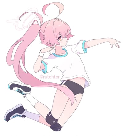 一张动漫风格插画，描绘了一位粉色长发扎成高马尾的少女。她穿着白色短袖T恤配蓝色袖口，搭配黑色短裤和运动鞋，左腿屈膝抬起，右臂伸展，呈现出充满活力的动态舞姿。人物表情专注，眼神锐利，整体画面线条流畅，充满动感。