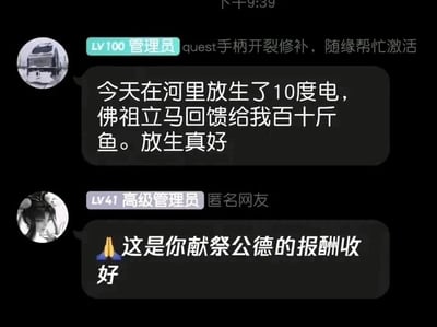 这是一张聊天群的静态截图，画面顶部显示群公告内容为“quest手柄开裂修补，随缘帮忙激活”，群内LV100管理员发布了一条玩梗消息，将用电电鱼的行为调侃为“在河里放生了10度电”，还戏称这是得到佛祖回馈的百十斤鱼，说“放生真好”，用反话来包装电鱼的行为；随后LV41高级管理员回复了带有合十表情的内容“这是你献祭公德的报酬收好”，直接戳破前者的玩笑，反讽其电鱼是破坏公德的行为，整体对话通过玩梗和反讽制造出搞笑的效果，调侃了电鱼这种破坏生态的不良行为。