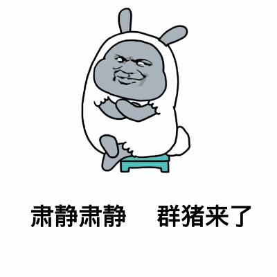 图片中是一个穿着白色兔子装的卡通角色，有着灰色的耳朵和面部，面部带着一丝smirk，双臂交叉放在胸前，坐在一个蓝色的小凳子上。角色下方有两行黑色中文文字，分别是'肃静肃静'和'群猪来了'。整体通过正式的'肃静'与诙谐的'群猪来了'形成反差，营造出幽默讽刺的效果。
