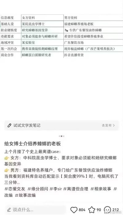 这是一张搞笑的社交媒体图文内容，讲述了一个离谱又精准的相亲配对：女方是研究蟑螂基因变异的中科院昆虫学博士，男方是给广东餐馆供应油炸蟑螂的福建养殖户。上方表格详细列出了两人的基础人设、职业内容、择偶要求、第一次约会安排和潜在商业合作方向，下方配文讲述这个相亲案例，提到系统显示两人契合度99%时电脑死机三分钟，用强烈的反差感制造搞笑效果，看似不搭的两人因为「蟑螂」这个核心点完美匹配，荒诞又合理。