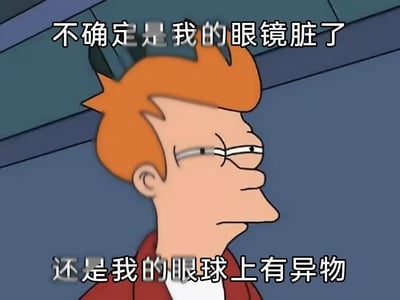 《飞出个未来》中的角色Fry侧身站立,眉头微皱,眯着眼睛看向一侧,表情充满怀疑和困惑。图片上方配有文字"不确定是我的眼镜脏了",下方配有文字"还是我的眼球上有异物",通过角色的表情和文字内容形成幽默效果,表达一种日常的小困惑。