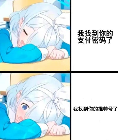 这是一个由《蔚蓝档案》角色阿罗娜的截图制作的双图对比梗图。上图中阿罗娜趴在桌上睡觉，配文“我找到你的支付密码了”，阿罗娜毫无反应；下图配文“我找到你的推特号了”，阿罗娜立刻惊醒抬头，用强烈的反差感调侃比起支付密码，社交账号（尤其是推特这类私人社交平台账号）更让人紧张，戳中了很多人担心自己社交隐私暴露的心理，十分搞笑。