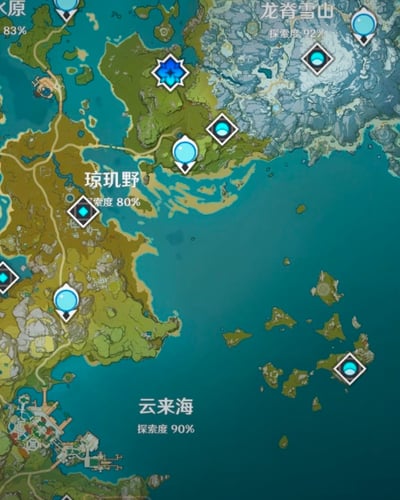 这是一张《原神》游戏内提瓦特大陆蒙德及周边区域的地图截图，图中保留了原神原生的区域名称、探索度标注以及各类收集品、传送点标记；巧合的是，图右下角云来海东侧的群岛整体轮廓，和《极限竞速：地平线》系列的标志性菱形logo形状高度相似，发布者借此玩梗，恶搞宣称《极限竞速：地平线6》将和原神展开合作启动，属于网友利用游戏地图巧合创作的趣味玩梗内容，并非真实的官方联动公告。