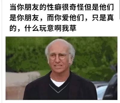 这张梗图使用了《抑制热情》（Curb Your Enthusiasm）中Larry David的截图，他的表情困惑又无奈，配上文字“当你朋友的性癖很奇怪但是他们是你朋友，而你爱他们，只是真的，什么玩意啊我草”，表达了对朋友奇怪偏好的复杂感受：既爱朋友又对他们的怪癖感到无语。