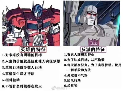 这张图片是左右分栏的图文对比图，左侧使用《变形金刚》中的英雄角色擎天柱的形象，搭配“英雄的特征”标题，列出6条反传统的英雄行事特征：1.对未来没有明确的目标；2.人生的价值就是阻止他人实现梦想；3.单独行动或少数人行动；4.事情发生后才行动；5.相对被动；6.不管什么时候都在发火。擎天柱还有对白气泡，内容为“慢车！关于发牢骚咱们是怎么说的？”。右侧使用《变形金刚》中的反派角色威震天的形象，搭配“反派的特征”标题，列出6条反传统的反派行事特征：1.有远大理想和野心；2.为了达成目标，从不偷懒；3.每天都在努力，为了实现梦想，使用一切手段和方法；4.失败也不气馁；5.团队行动；6.经常笑。图片底部带有微博用户@Mio十一的水印，整体以反套路的角度调侃传统认知里英雄与反派的行事风格，甚至带有职场中两种不同行事模式的隐喻。