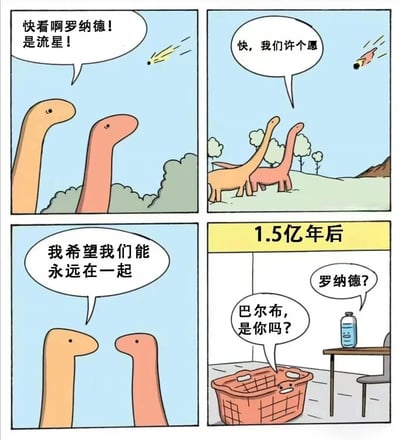 四格漫画讲述两只恐龙巴尔布和罗纳德看到流星许愿永远在一起，1.5亿年后变成家居物品仍能相认的故事，充满友谊的真诚与荒诞幽默。