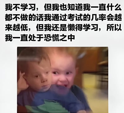 图片上方是一段黑色粗体文字，内容为：'我不学习，但是我也知道我一直什么都不做的话我通过考试的几率会越来越低，但是我还是懒得学习，所以我一直处于恐慌之中'，下方配有一张两个婴儿的照片，其中一个婴儿表情似乎有些无奈或困惑，另一个婴儿则显得有些激动，整体通过文字与图片结合，幽默地表达了学生群体中'不想学习却又担心考试'的矛盾心理和焦虑情绪。