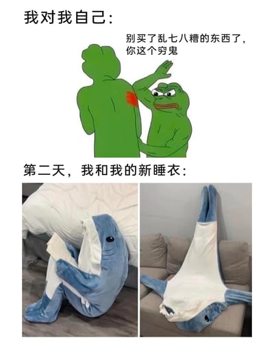 这是一组充满反差感的搞笑对比图，上半部分借助经典网络表情包悲伤蛙，构建出理智的自己对冲动购物的自己进行严厉告诫的场景，配文“我对我自己：别买了乱七八糟的东西了，你这个穷鬼”，传递出想要克制消费、省钱的决心；下半部分则是第二天的真实场景，展示了“我”穿着新买的网红鲨鱼睡衣的模样，左侧图里穿着睡衣的人坐在床上看书，右侧图是睡衣被挂起的样子，通过这种强烈的前后对比，生动又幽默地展现了很多人嘴上喊着省钱，却难以克制购物欲望的自我矛盾状态，十分贴近日常消费的真实心态，让人感同身受。