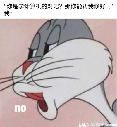这张梗图以兔八哥夸张抗拒的表情为核心，搭配对应文字，精准戳中计算机专业人群的日常困扰：大众常带有“学计算机就会修所有电子设备”的刻板印象，会理所当然地要求他们帮忙修理各类电子设备。图中兔八哥扭曲的抗拒表情和直白的“no”，生动表现出这类人群面对此类要求时的厌烦与直接拒绝的态度，用搞笑的方式吐槽了这种不合理的刻板印象。
