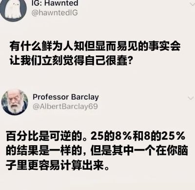 社交媒体截图展示了一段有趣对话：用户@hawntedIG提问“有什么鲜为人知但显而易见的事实会让我们立刻觉得自己很蠢？”，用户@AlbertBarclay69（Professor Barclay）回复指出百分比具有可逆性——25的8%和8的25%结果相同，但其中一个在脑中更容易计算，揭示了一个简单却常被忽略的数学小知识。
