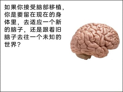 这是一张静态的图文混排图，画面右侧是一个3D渲染的人类大脑模型，左侧配有一段假设性的思辨文字，提出了“接受脑部移植时，选择留在原身体适应新大脑，还是跟随旧大脑去往新身体”的问题，该问题围绕自我意识的载体展开，引导人们思考“自我”的定义究竟依附于身体还是大脑。对于这个问题，从普遍的认知来看，自我意识是依托大脑存在的，大脑是意识和记忆的载体，所以选择跟着旧脑子去往未知世界，相当于延续了原本的“自我”；而留在原身体适应新大脑，意味着原有的自我意识会被新大脑的意识取代，相当于“自我”的消失。不过这是一个哲学层面的问题，不同人对“自我”的定义不同，选择也会因人而异。