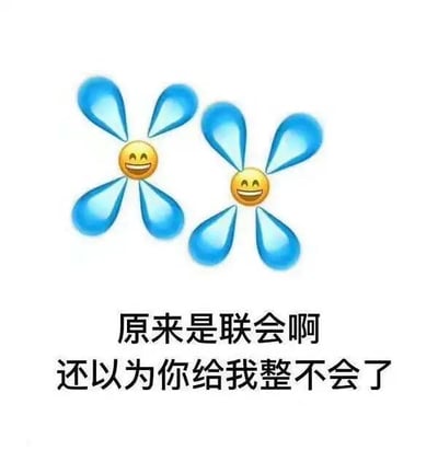 这是一张顶配底文的静态趣味表情包，画面上方由蓝色水滴图案作为花瓣、黄色咧嘴笑的emoji作为花心，拼接成两个类似莲花的造型；下方配有黑色简体中文文字“原来是联会啊 还以为你给我整不会了”。图片运用了谐音梗，“联会”谐音“莲花”，通过图案与文字的对应制造出幽默效果，传递出一种原本以为遇到了棘手难题，结果发现是熟悉且容易应对的事物，虚惊一场的轻松调侃情绪，适合在社交聊天中用来活跃气氛、表达放松的心情。