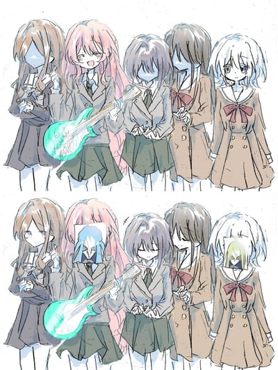 这是一张上下分栏的对比玩梗图，原型结合了《孤独摇滚！》和《BanG Dream! It's MyGO!!!!!》两部二次元音乐番的角色。
上图：从左到右依次是《BanG Dream! It's MyGO!!!!!》的长崎爽世、《孤独摇滚！》的后藤独（波奇酱）、高松灯、千早爱音、要乐奈，其中除了波奇酱外，其他角色都没有画出脸部，表现出害羞、社恐的状态，波奇酱开心地拿着自己的荧光绿吉他。
下图：是上图的改编版，把原本没脸的角色们的位置替换成了《BanG Dream! It's MyGO!!!!!》对应角色的“抽象脸”表情包，玩了两部作品都是女子乐队的联动梗，反差感拉满。