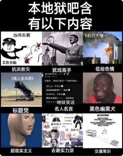 这是一张采用九宫格形式的中文网络梗图，顶部大标题为“本地狱吧含有以下内容”，通过对九张不同的网络素材图进行完全错位、荒诞的类别标注，制造出地狱笑话式的搞笑效果：
1. 左上：原本是“当场击毙又在水贴”的熊猫人表情包，被标注为“抗洪救灾”；
2. 中上：希特勒的标志性照片，被标注为“犹戏高手”，对应右侧图的“飞机日大楼”（911事件梗），玩谐音和敏感内容的地狱梗；
3. 右上：911事件中双子塔被撞击的照片，被标注为“低俗色情”；
4. 左中：以飞机舷梯玩“美人走光（走光梯）”谐音的标题党图，被标注为“标题党”；
5. 中中：贴吧求关注的回复截图，内容是地狱笑话相关，被标注为“名人名言”；
6. 右中：经典黑人大笑表情包，被标注为“黑色幽黑犬”（谐音黑色幽默）；
7. 左下：诡异的3D人头图，被标注为“超现实主义”；
8. 中下：游戏《明日方舟》的“喜欢我卡尔吗？”梗图，被标注为“去谢实力派”（谐音“去屑实力派”广告梗）；
9. 右下：经典的“魔鬼电车难题”伦理讨论图，被标注为“交通常识”。
整张图通过内容与标注的完全错位，调侃了网络社区里鱼龙混杂、各类内容并存的现象，同时运用大量地狱笑话、谐音梗强化荒诞搞笑的风格。