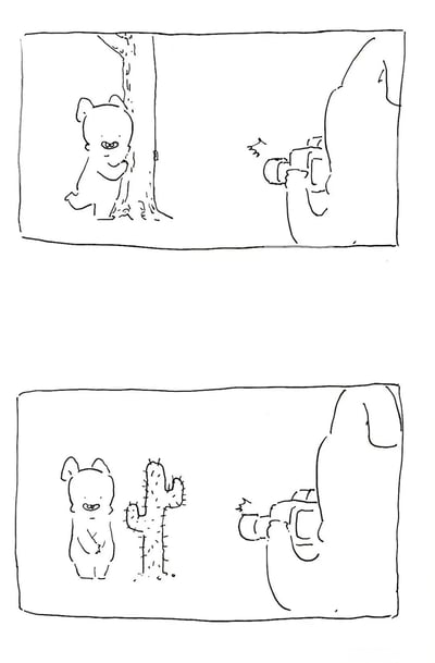 这是一幅两格黑白漫画，描绘了一只小熊被拍照的有趣场景。第一格中小熊躲在树后，第二格中小熊站在仙人掌旁，表情似乎有些无奈。