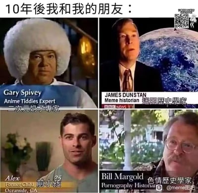 这是一张2x2网格布局的搞笑拼贴图，标题为“10年後我和我的朋友：”，展示了四位男性人物的照片，每个人物都被赋予了滑稽的“专家”头衔。左上角是戴着夸张白色假发的Gary Spivey，标注为“二次元奶子专家”；右上角是背景有地球图像的James Dunstan，标注为“迷因历史学家”；左下角是Alex，标注为“前小孩”；右下角是Bill Margold，标注为“色情历史学家”。图片通过将普通人恶搞成各种奇葩领域的“专家”，幽默地调侃了十年后朋友间可能发展出的奇特兴趣爱好或职业方向。