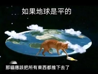 这张梗图展示了一个平地球模型，一只橘猫正在将一个物体推下地球边缘。图中配有文字'如果地球是平的'和'那猫应该把所有东西都推下去了'，通过调侃平地球理论，利用猫喜欢推东西的习性制造幽默效果。